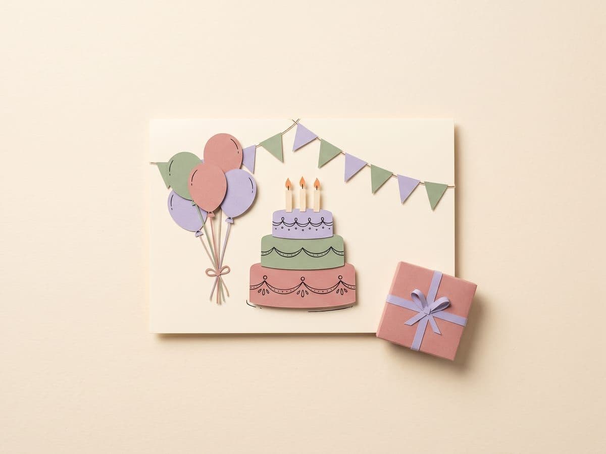 Paper-craft illustration of a flat landscape card showing a three-candle cake, balloons and bunting, with a gift beside it