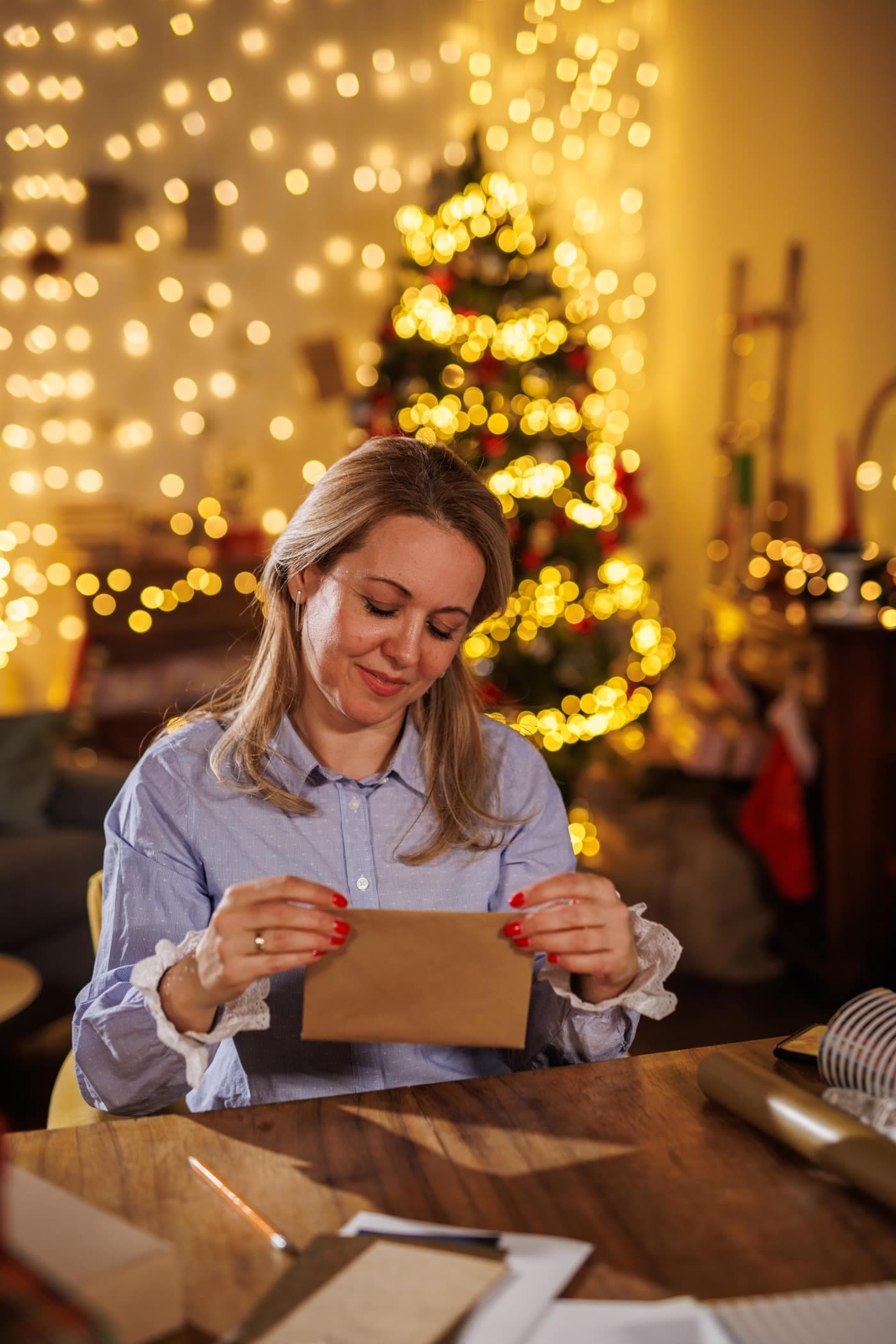 A woman smiling as she opens a card in a brown envelope, with a lit Christmas tree behind her