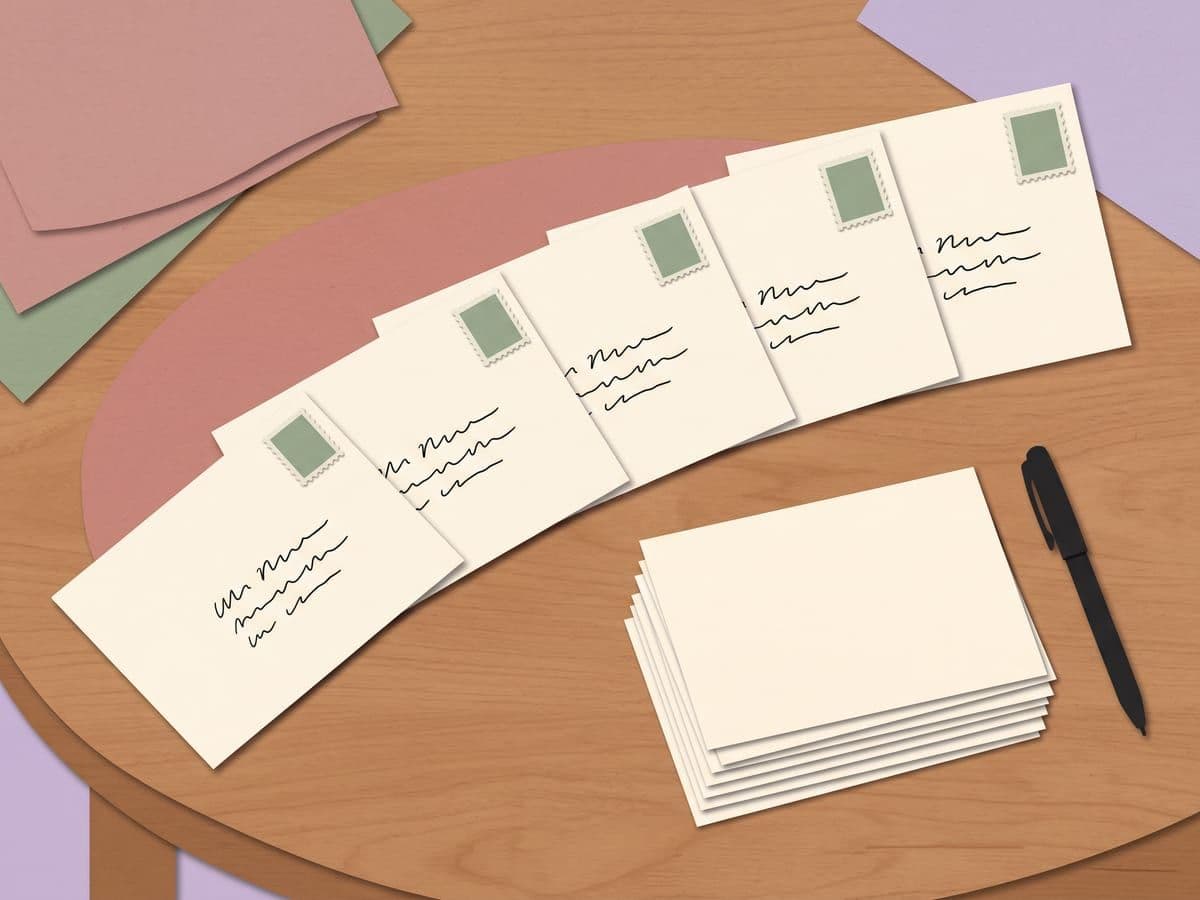 Paper-craft illustration of a curved row of addressed, stamped envelopes beside a stack of blank cards and a pen