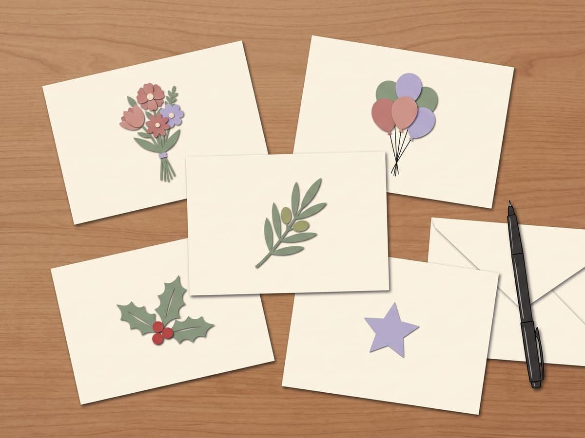 Paper-craft illustration of five landscape cards with a bouquet, balloons, olive sprig, holly and star, beside a pen