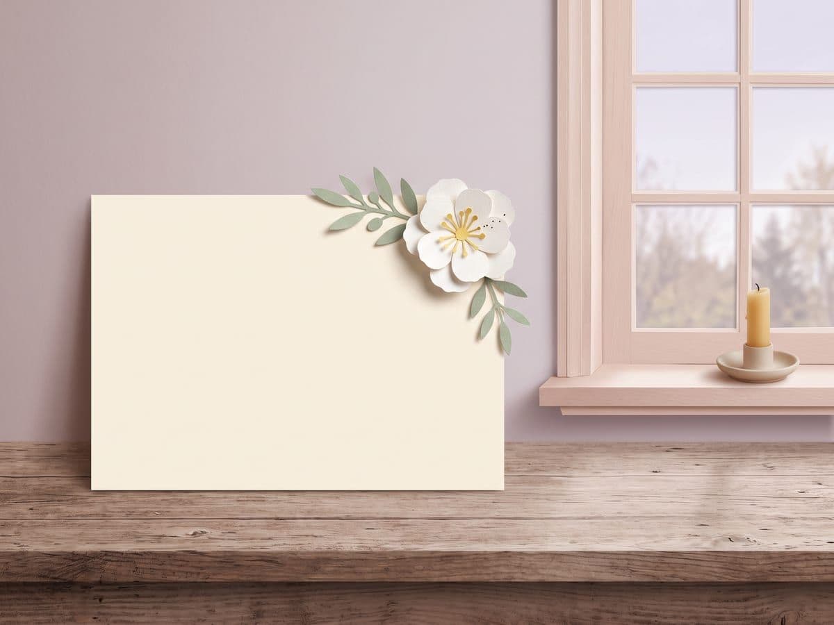 Paper-craft illustration of a blank cream card with a white paper flower and olive sprig beside a window and a candle