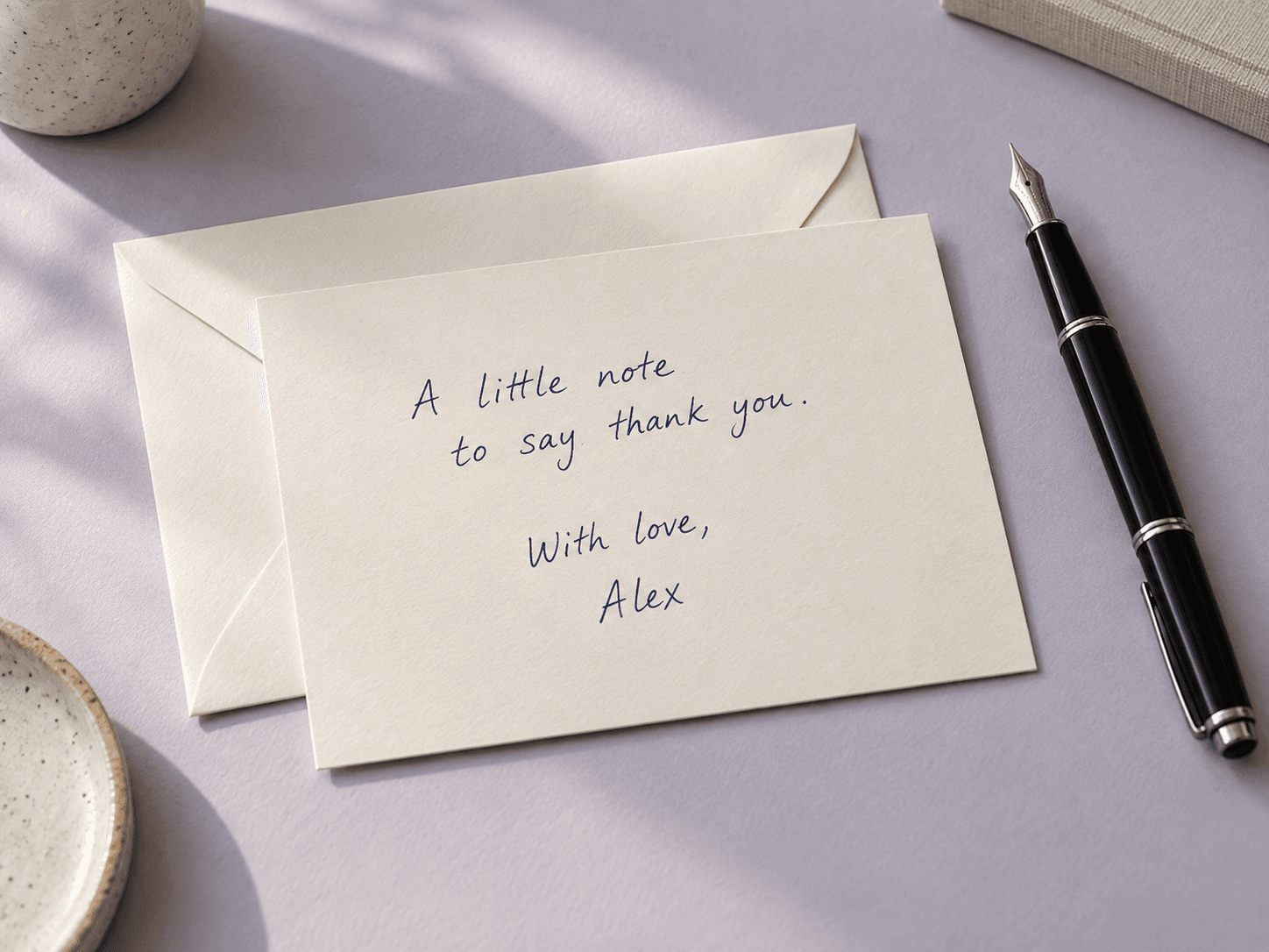 Cream postcard with a blue handwritten thank-you note beside an envelope and fountain pen