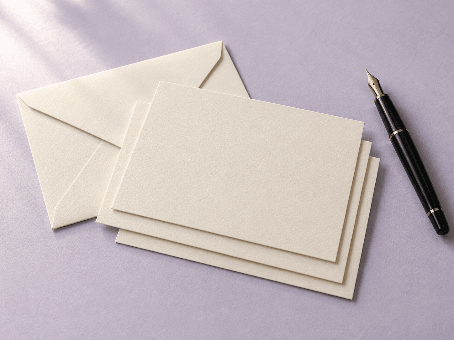 Textured cream postcards and a matching envelope on a lavender desk