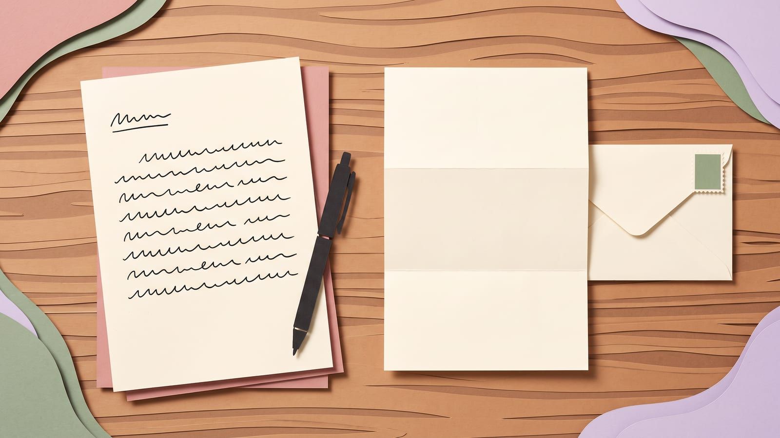 Paper-craft illustration of a handwritten letter with a black pen, a sheet folded in three and a stamped envelope on a desk