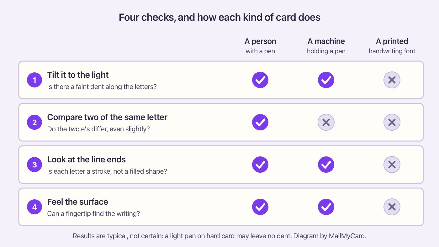 Four checks for a handwritten card: tilt it to the light, compare two of the same letter, look at line ends, feel the surface