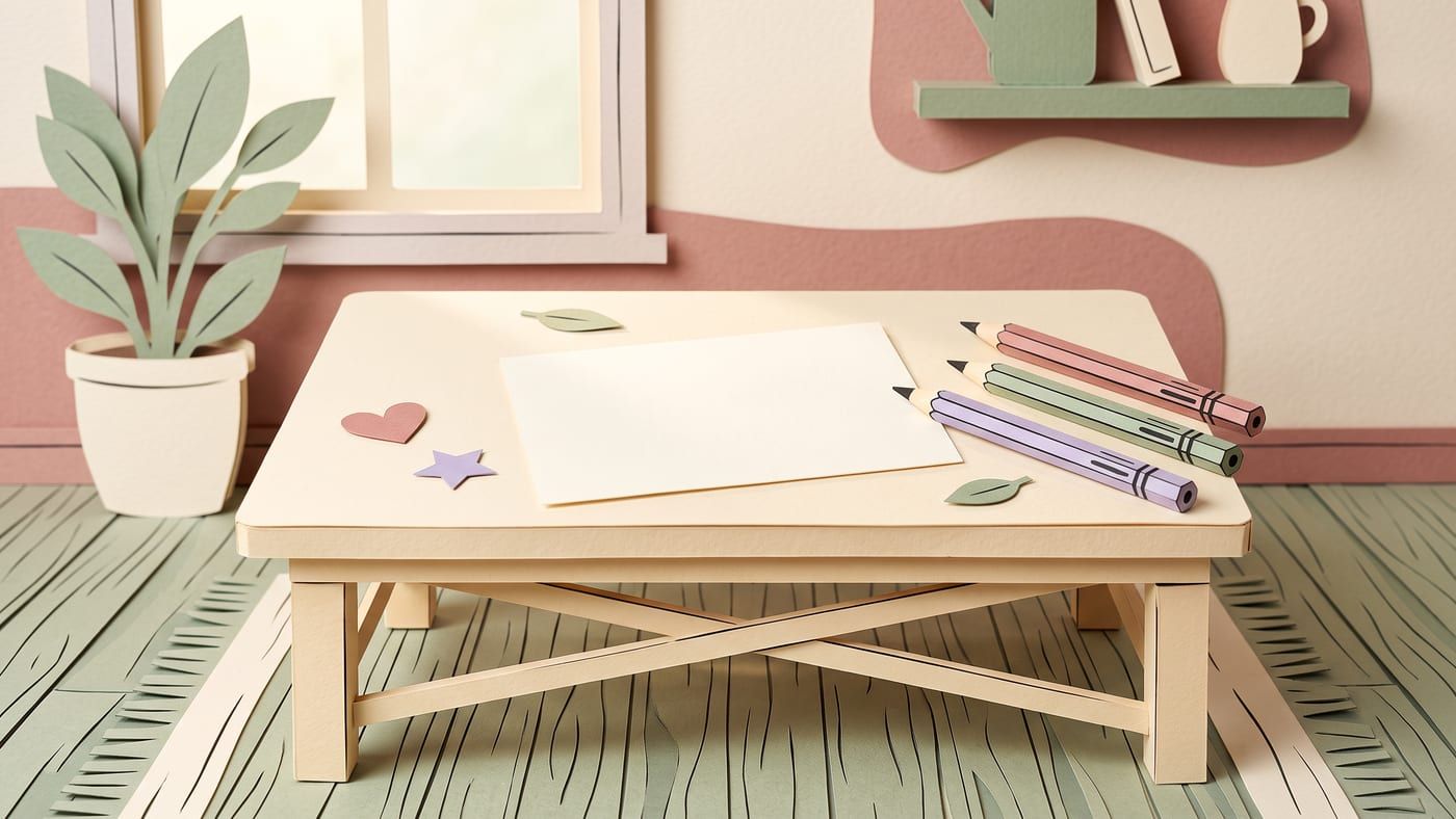 Paper-craft illustration of a blank card, coloured pencils and paper hearts and stars on a low table by a window