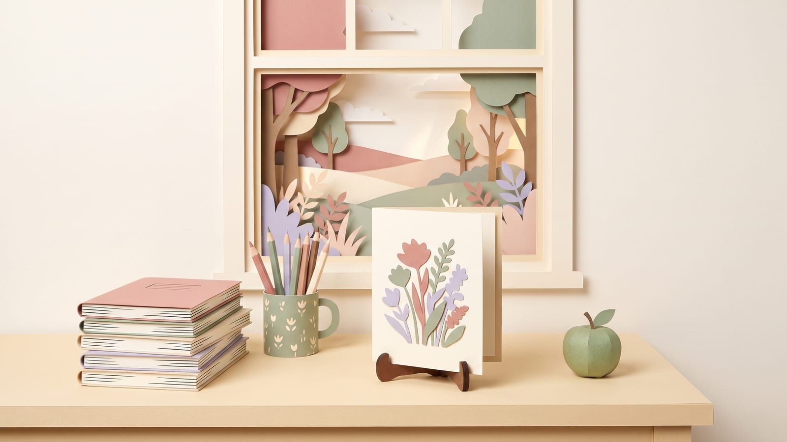 Paper-craft illustration of a card on a stand beside exercise books, a mug of pencils and an apple on a teacher's desk