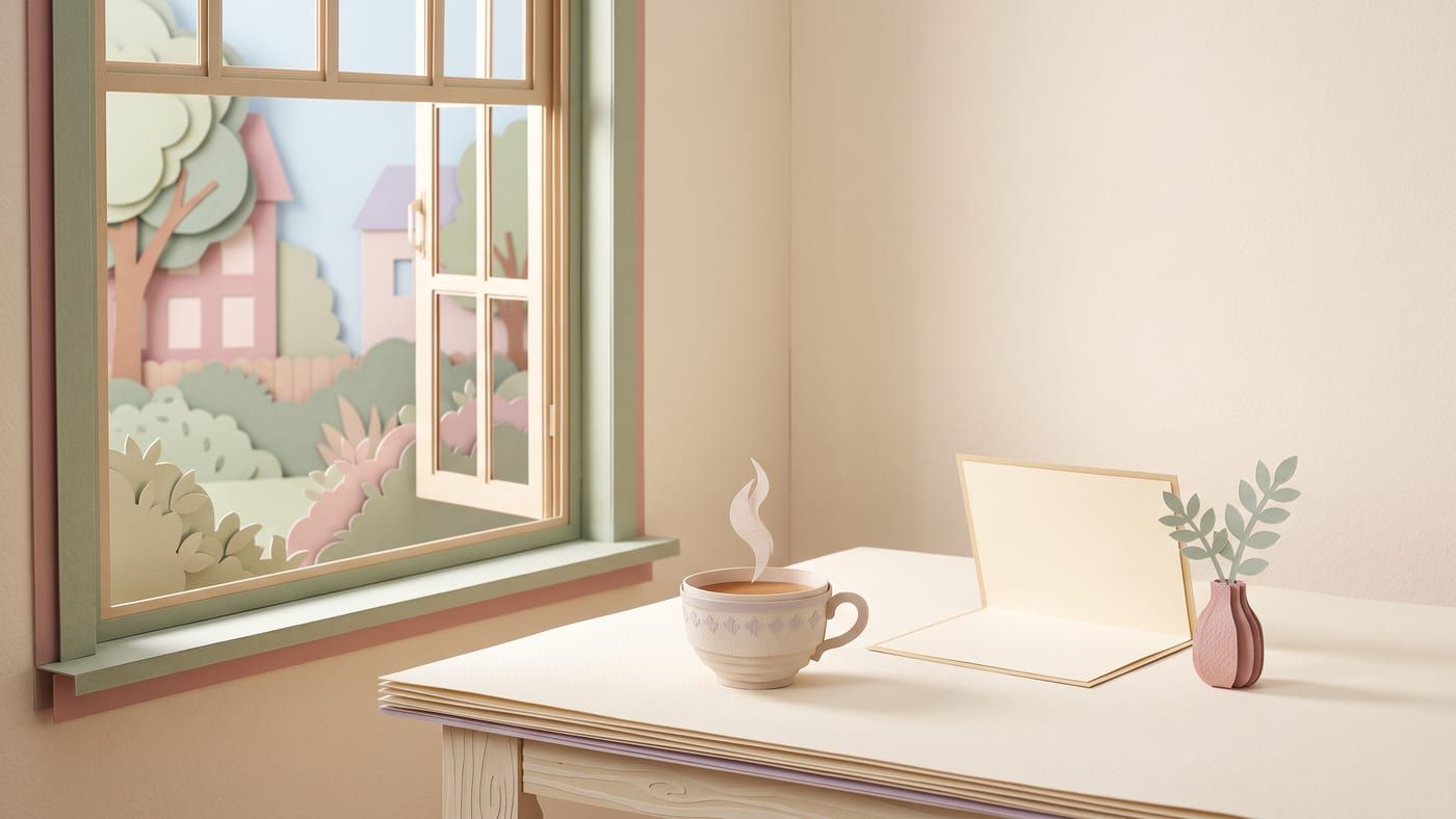 Paper-craft illustration of a cup of tea, an open blank note card and a small vase on a table by a window