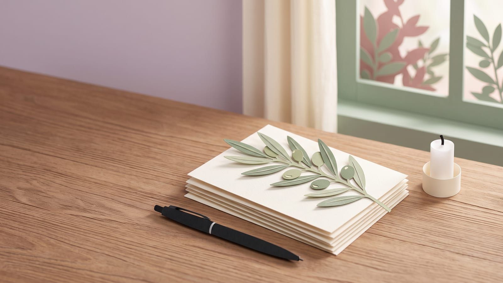 Paper-craft illustration of plain cream note cards with an olive branch, a black pen and an unlit candle by a window