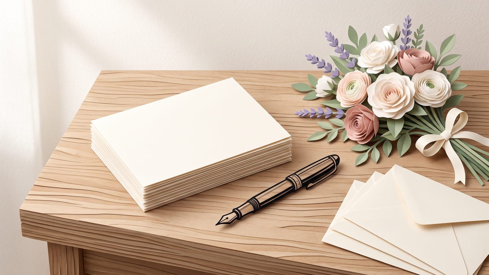 Paper-craft illustration of blank cream cards, a fountain pen, a blush and white bouquet and envelopes on a wooden table