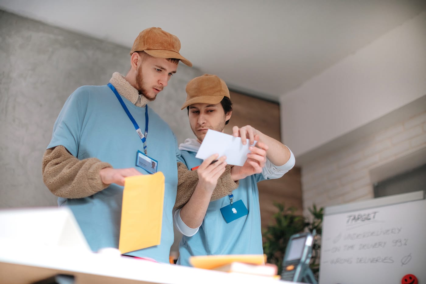 Two young warehouse workers in caps and lanyards looking at an envelope together, a parcel in hand